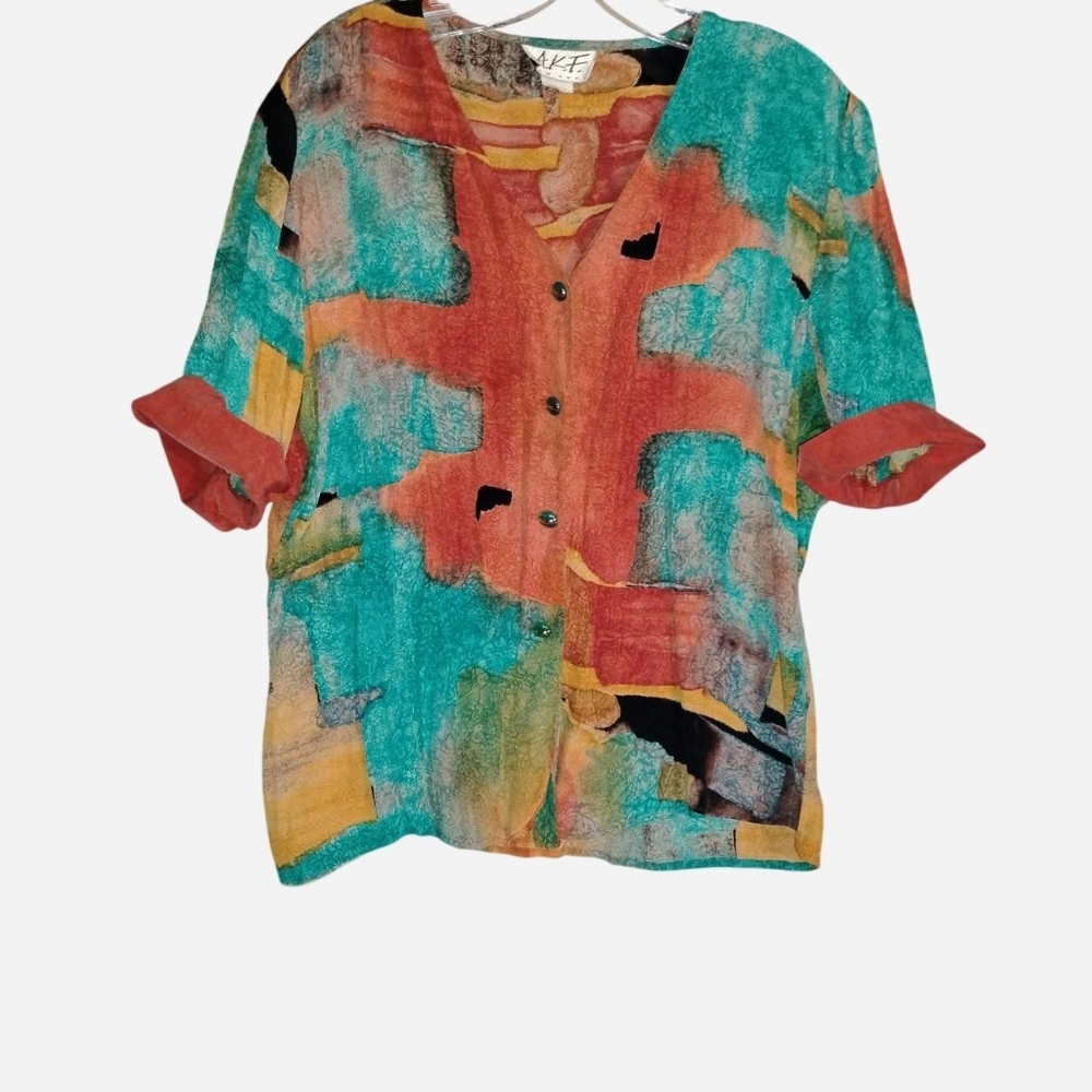 90s AKF New York Abstract Art To Wear Rayon Blouse Made in USA Medium